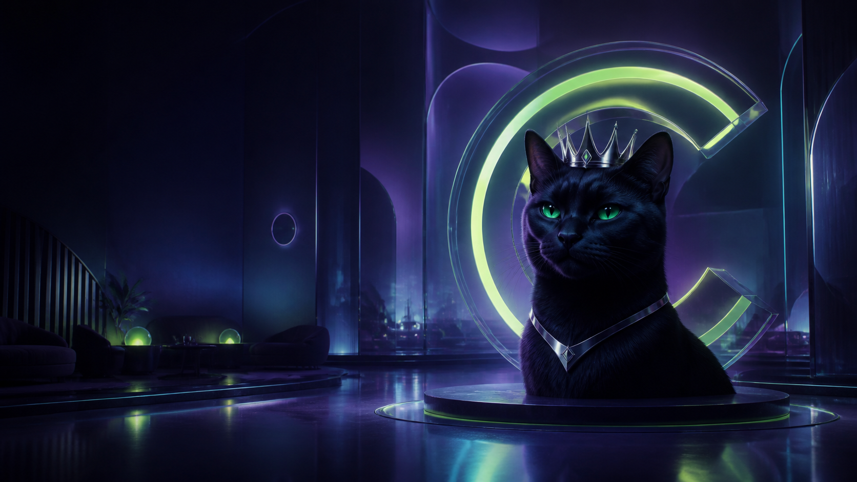 Черный кот с короной в фиолетовом Cat-зале